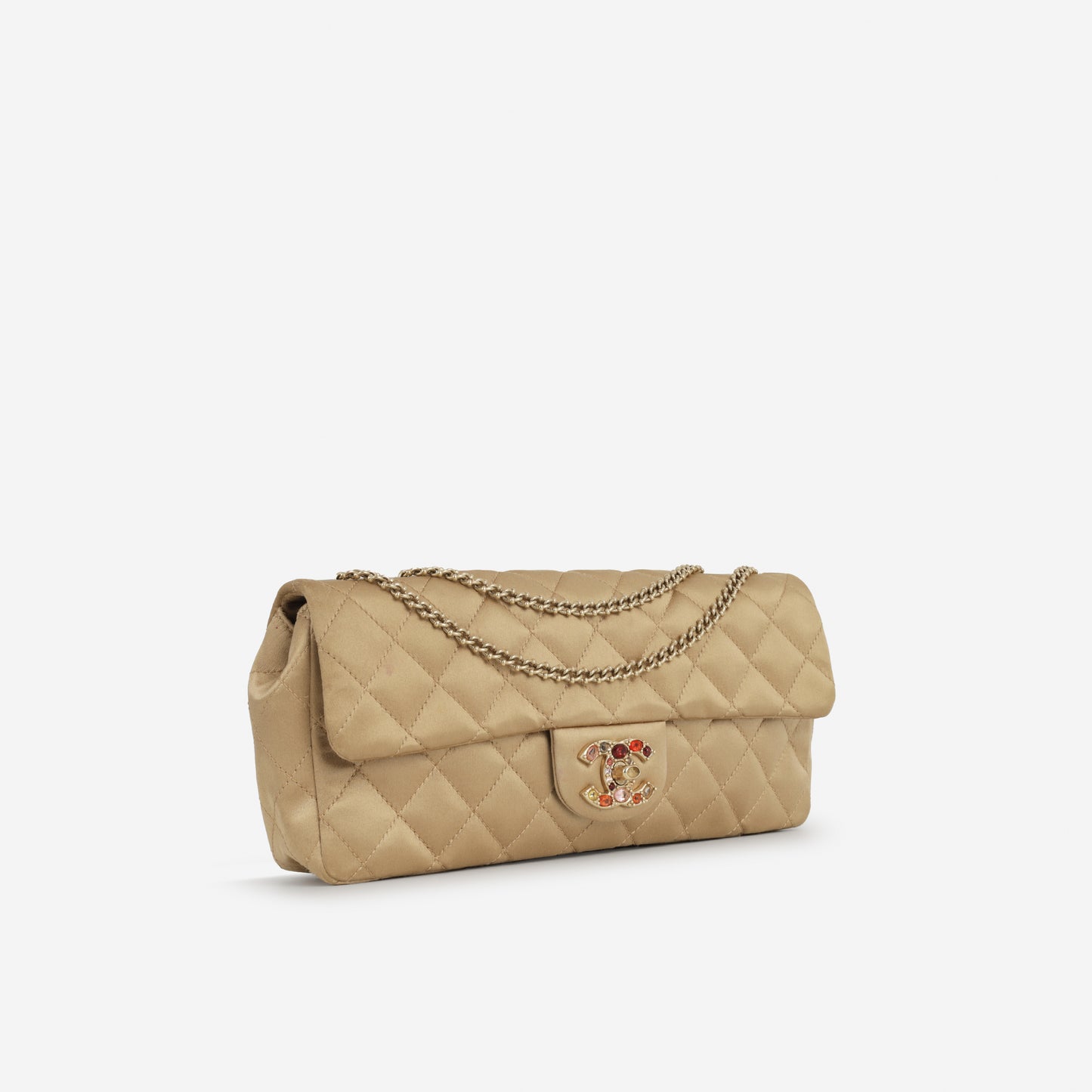 Chanel Pearl East West Flap Bag - Beige Satin | Jewelled CC
