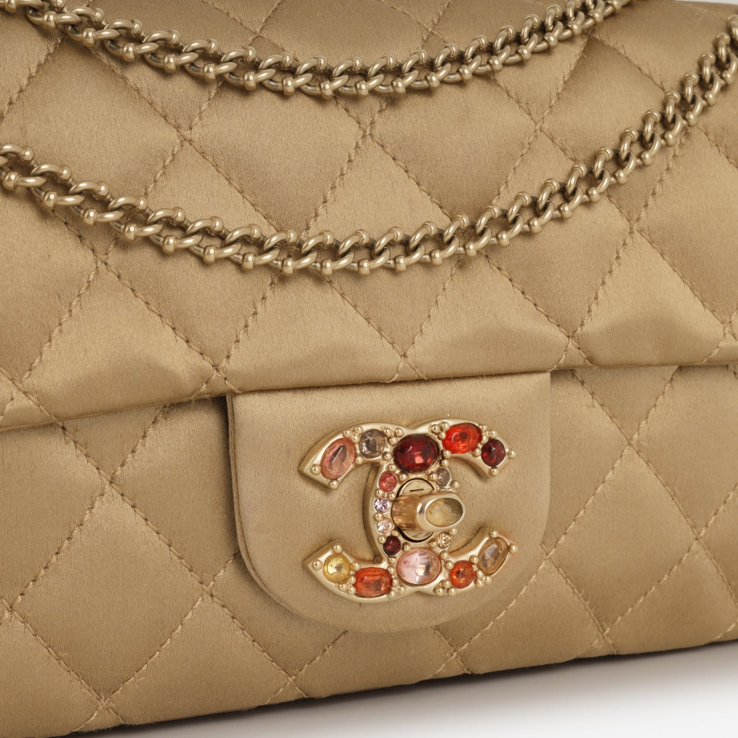 Chanel Pearl East West Flap Bag - Beige Satin | Jewelled CC