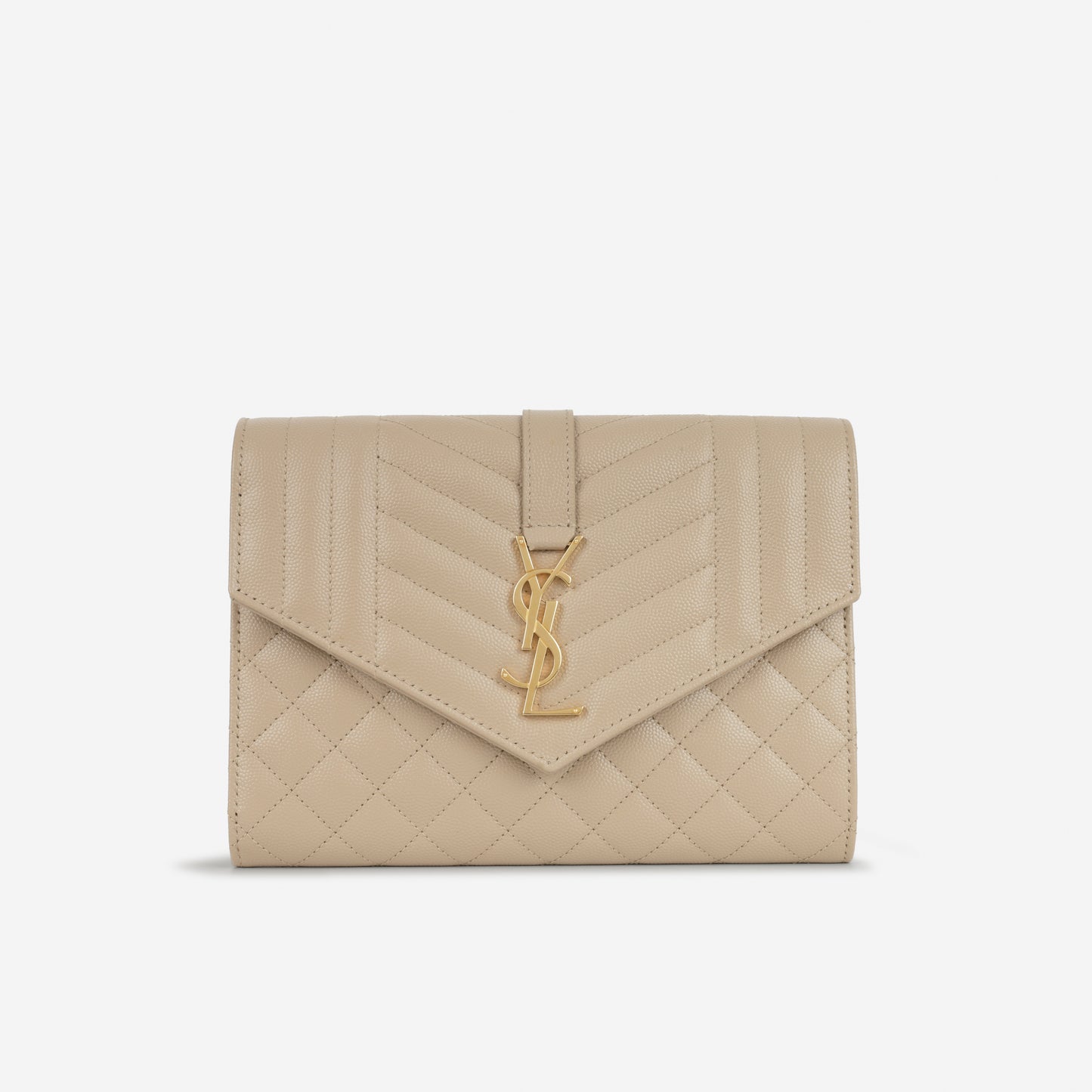Saint Laurent  Envelope Quilted Clutch - Beige Grained Calfskin | Gold Hardware