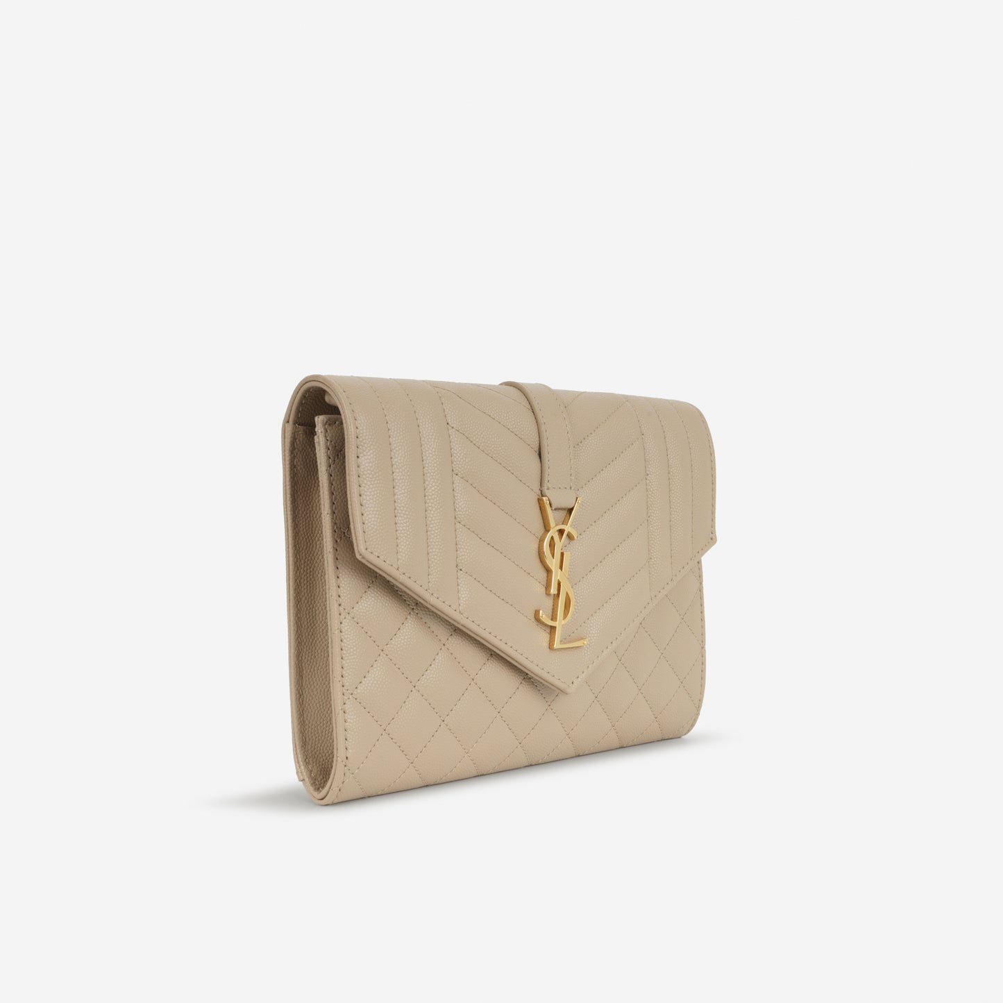 Saint Laurent  Envelope Quilted Clutch - Beige Grained Calfskin | Gold Hardware