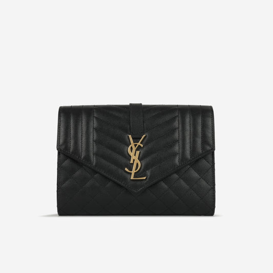 Saint Laurent  Envelope Quilted Clutch - Black Grained Calfskin | Gold Hardware