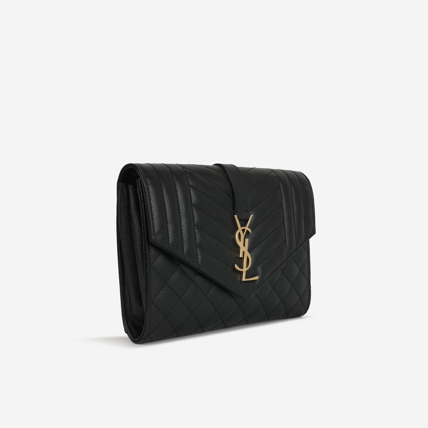 Saint Laurent  Envelope Quilted Clutch - Black Grained Calfskin | Gold Hardware