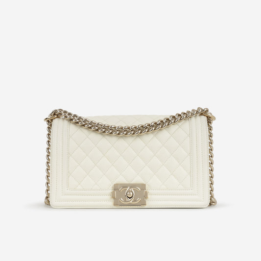 Chanel Old Medium Boy Bag - Ivory Caviar | Gold Hardware