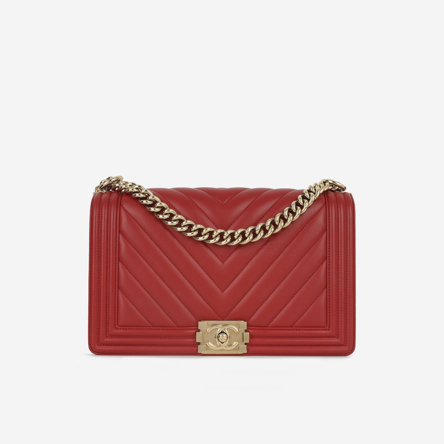 Chanel New Medium Boy Bag - Red Chevron Lambskin | Champagne Gold Hardware