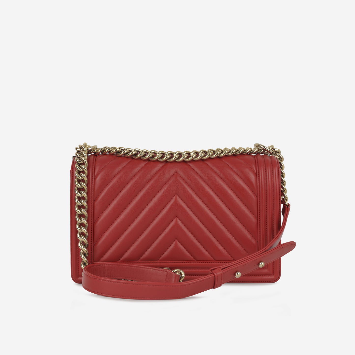Chanel New Medium Boy Bag - Red Chevron Lambskin | Champagne Gold Hardware