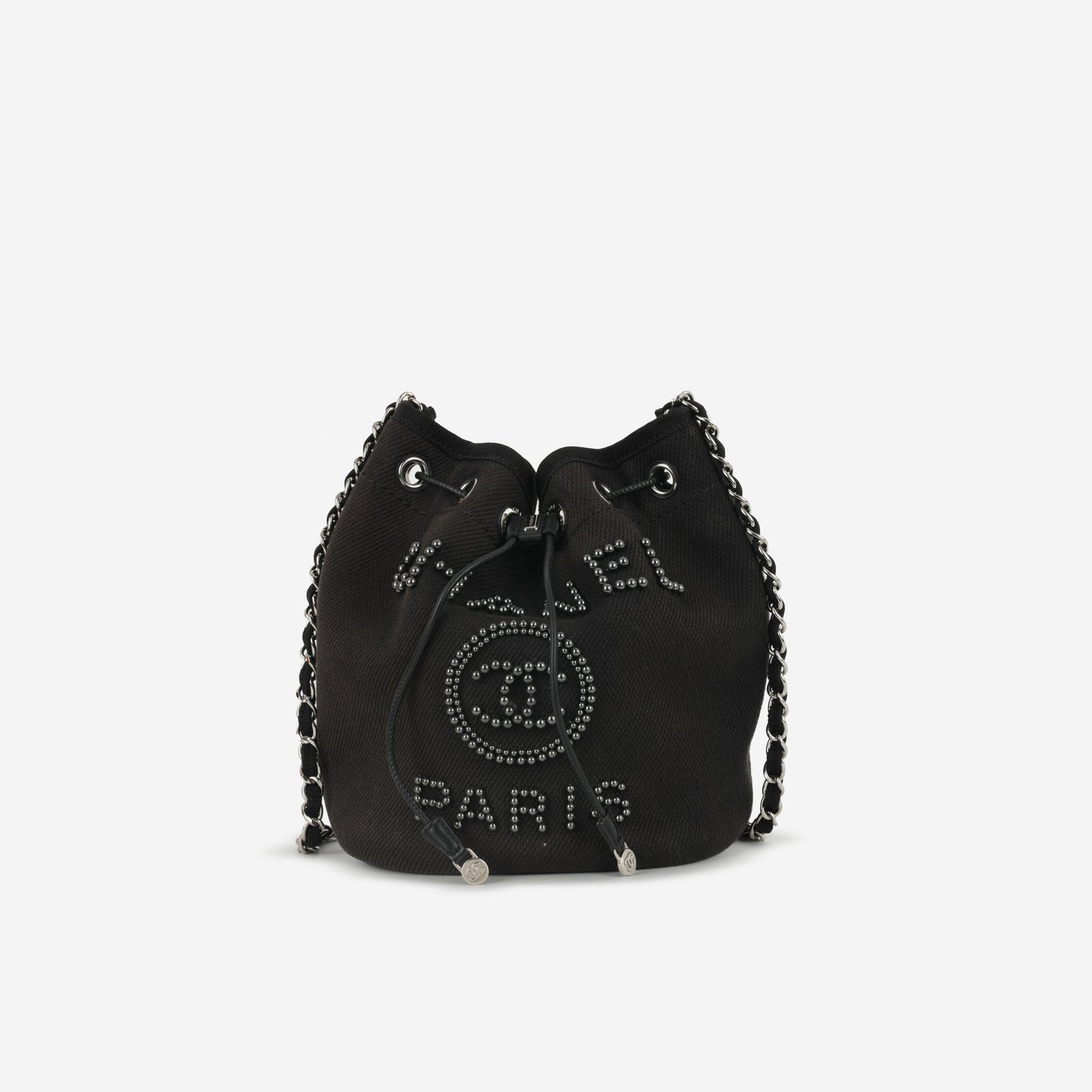 Chanel Deauville Drawstring Bucket Bag - Black Canvas | Silver Hardware