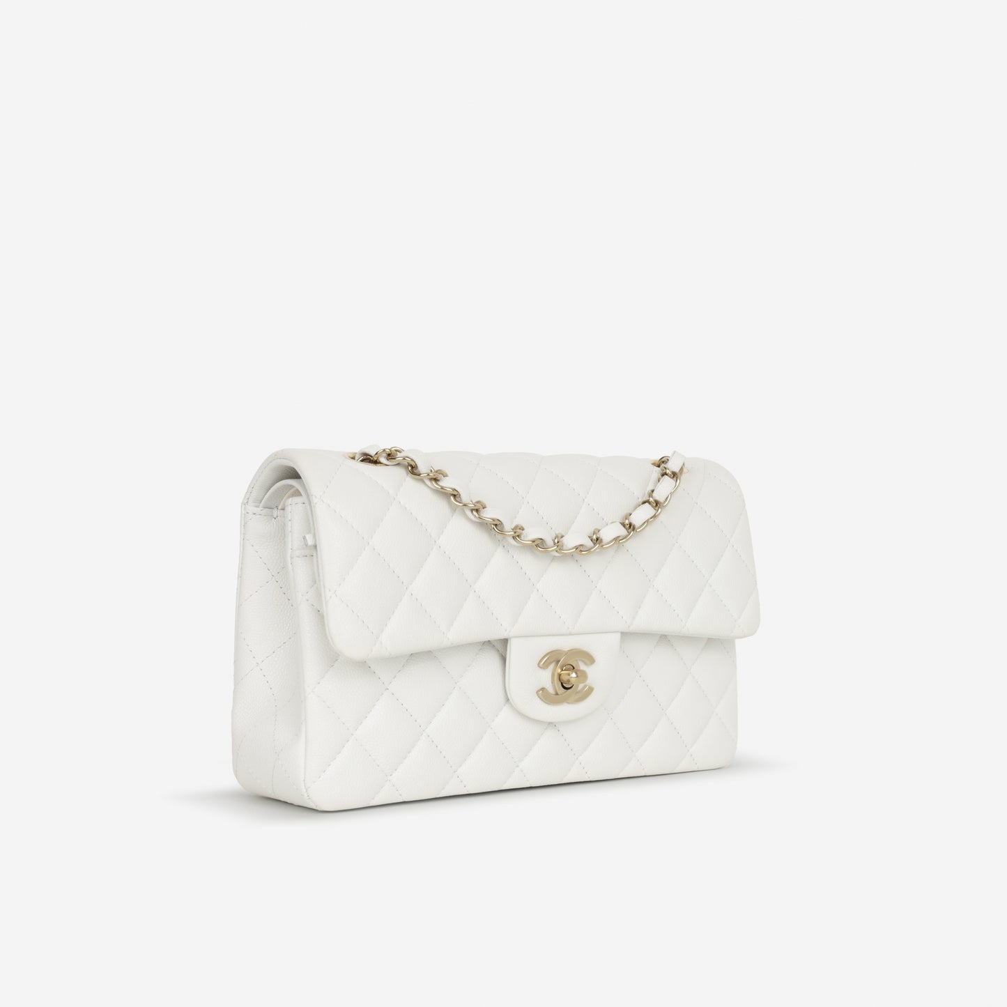 Chanel Small Classic Flap - White Caviar | Champagne Gold Hardware