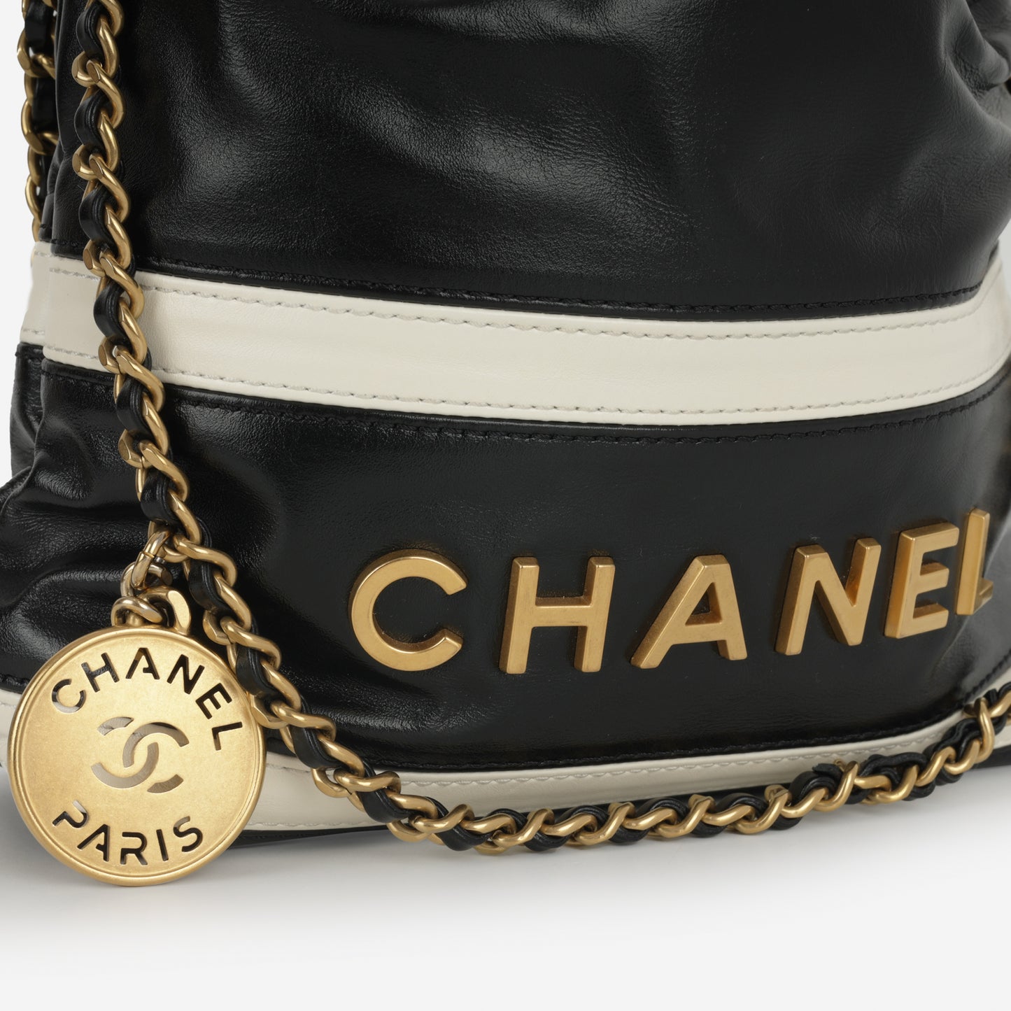 Chanel 24S Mini 22 - Black / White Striped Calfskin | Gold Hardware