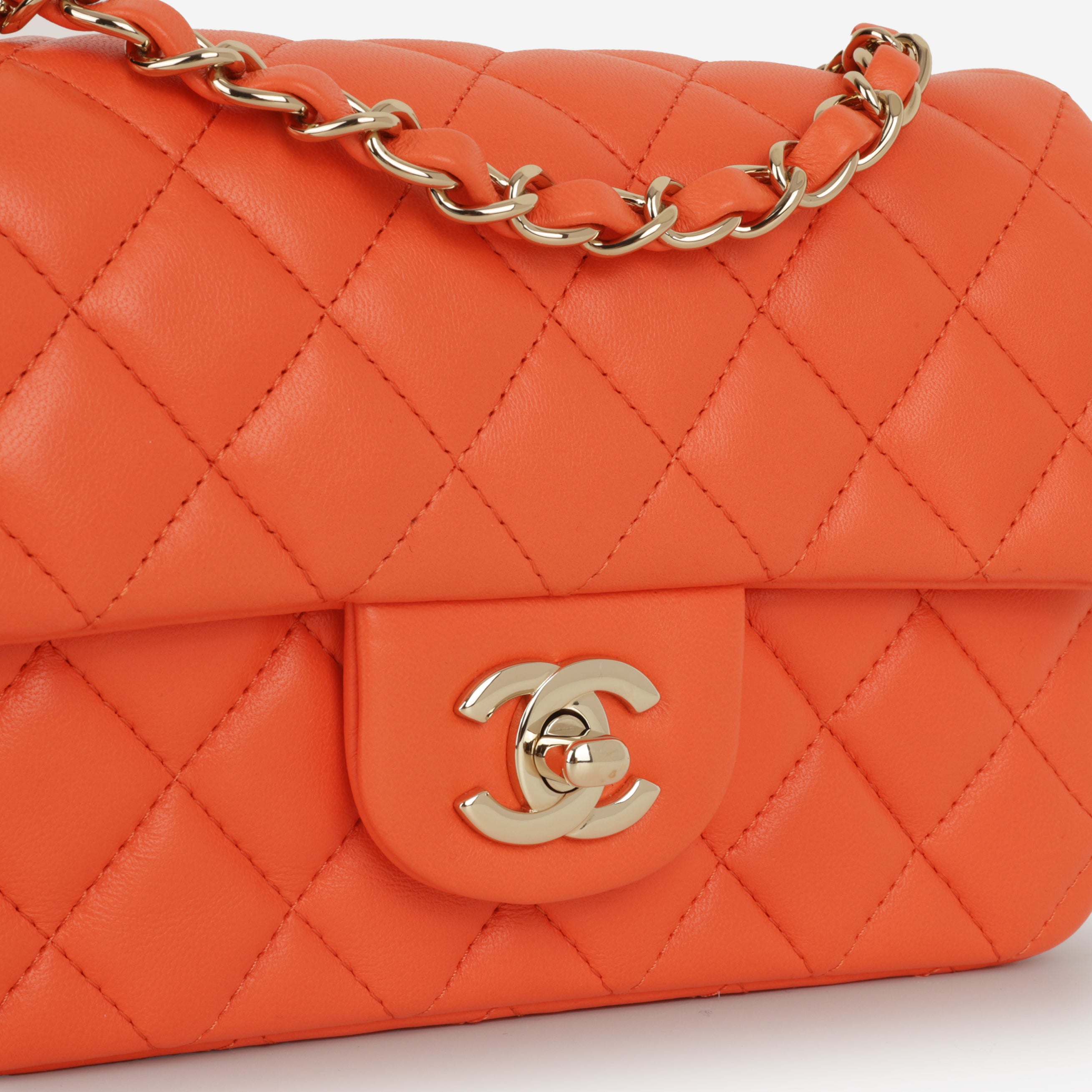 CHANEL オレンジ レザー ポーチ Chanel Mini Rectangular - Orange Lambskin | Champagne Gold