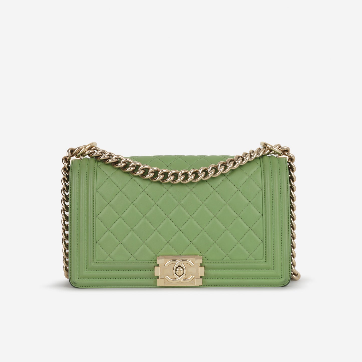 Chanel Old Medium Boy Bag - Green Quilted Lambskin | Champagne Gold Hardware