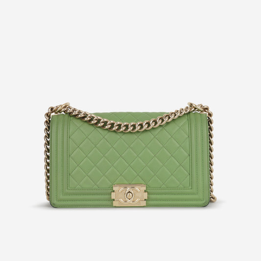 Chanel Old Medium Boy Bag - Green Quilted Lambskin | Champagne Gold Hardware