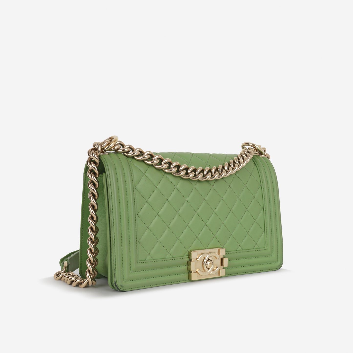 Chanel Old Medium Boy Bag - Green Quilted Lambskin | Champagne Gold Hardware