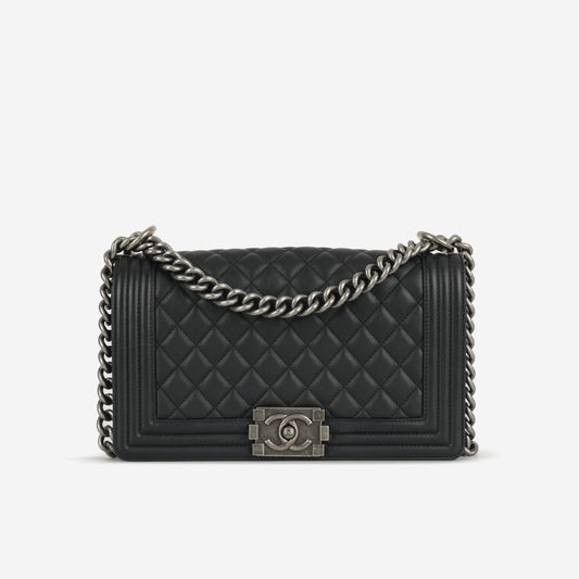 Chanel Old Medium Boy Bag - Black Lambskin | Ruthenium Hardware