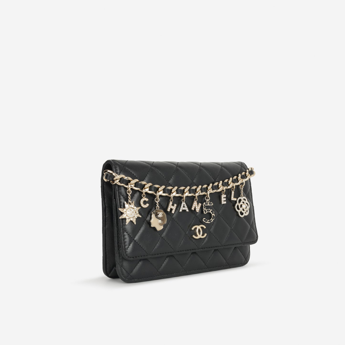 21c Chanel Seasonal Wallet On Chain - Black Lambskin |  Champagne Gold Hardware