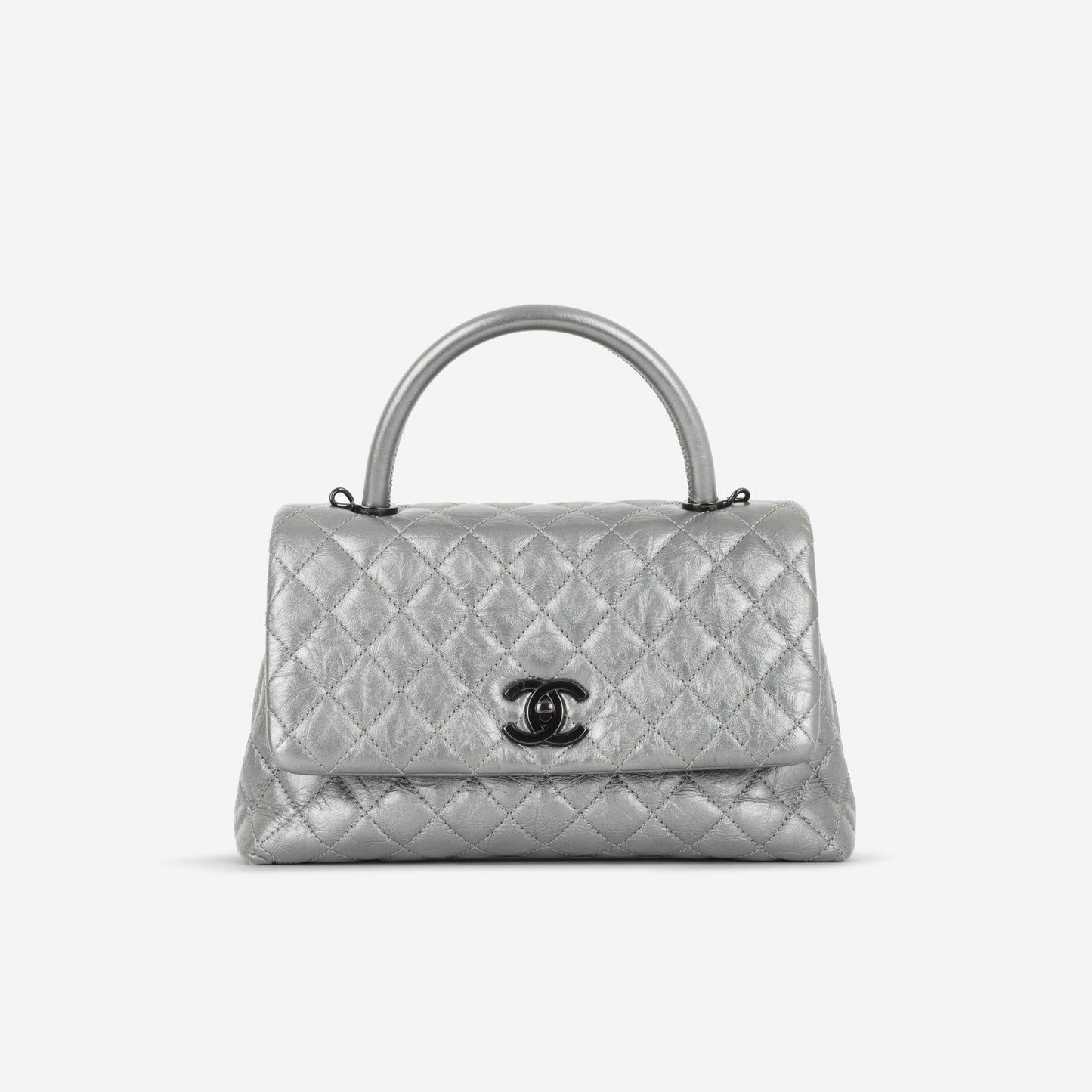 Chanel Medium Coco Handle - Silver Crumpled Calfskin | Black Hardware