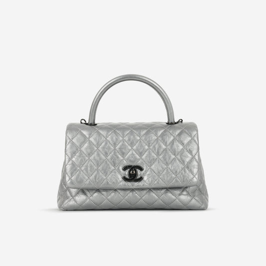 Chanel Medium Coco Handle - Silver Crumpled Calfskin | Black Hardware