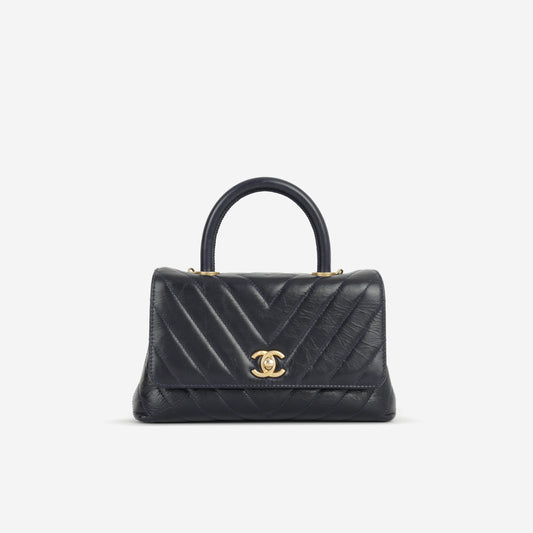 Chanel Small Coco Handle - Navy Chevron Calfskin | Gold Hardware