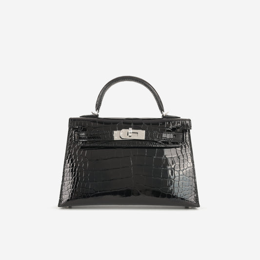 Hermès Mini Kelly - Black Shiny Alligator | Palladium Hardware