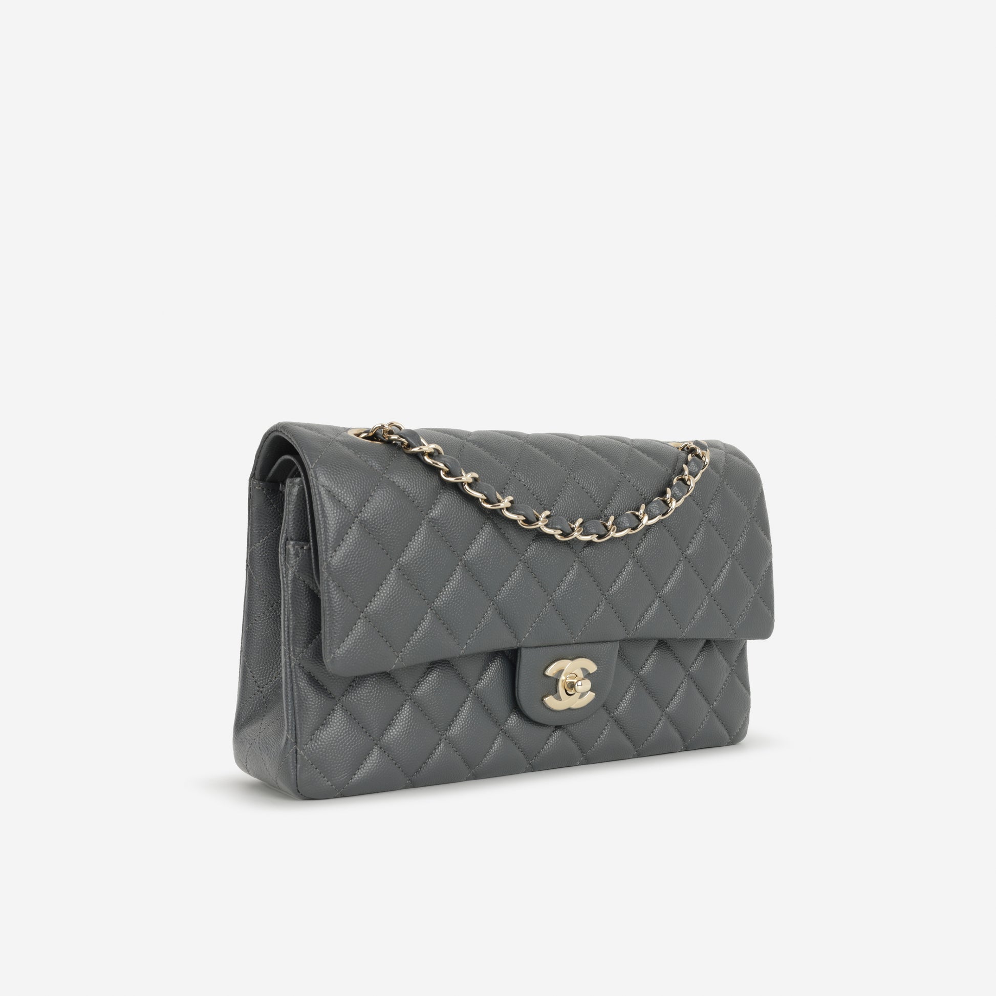 Chanel Medium Classic Flap - Grey Caviar | Champagne Gold Hardware - Bagista