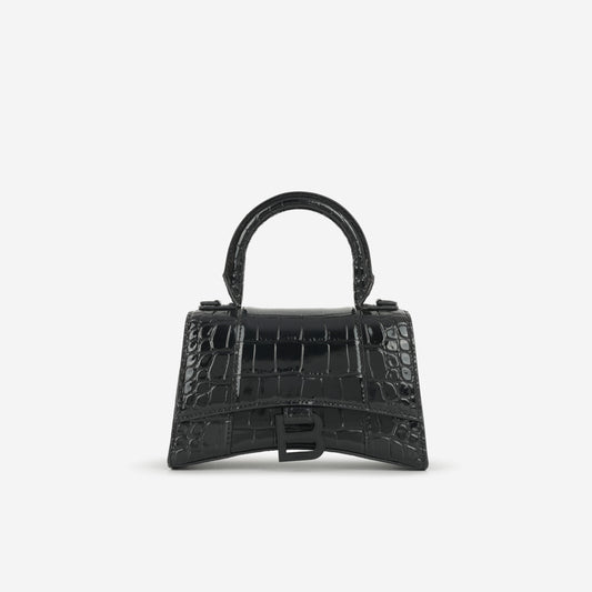 Balenciaga XS Hourglass - Black Croc Embossed Calfskin | Black Hardware