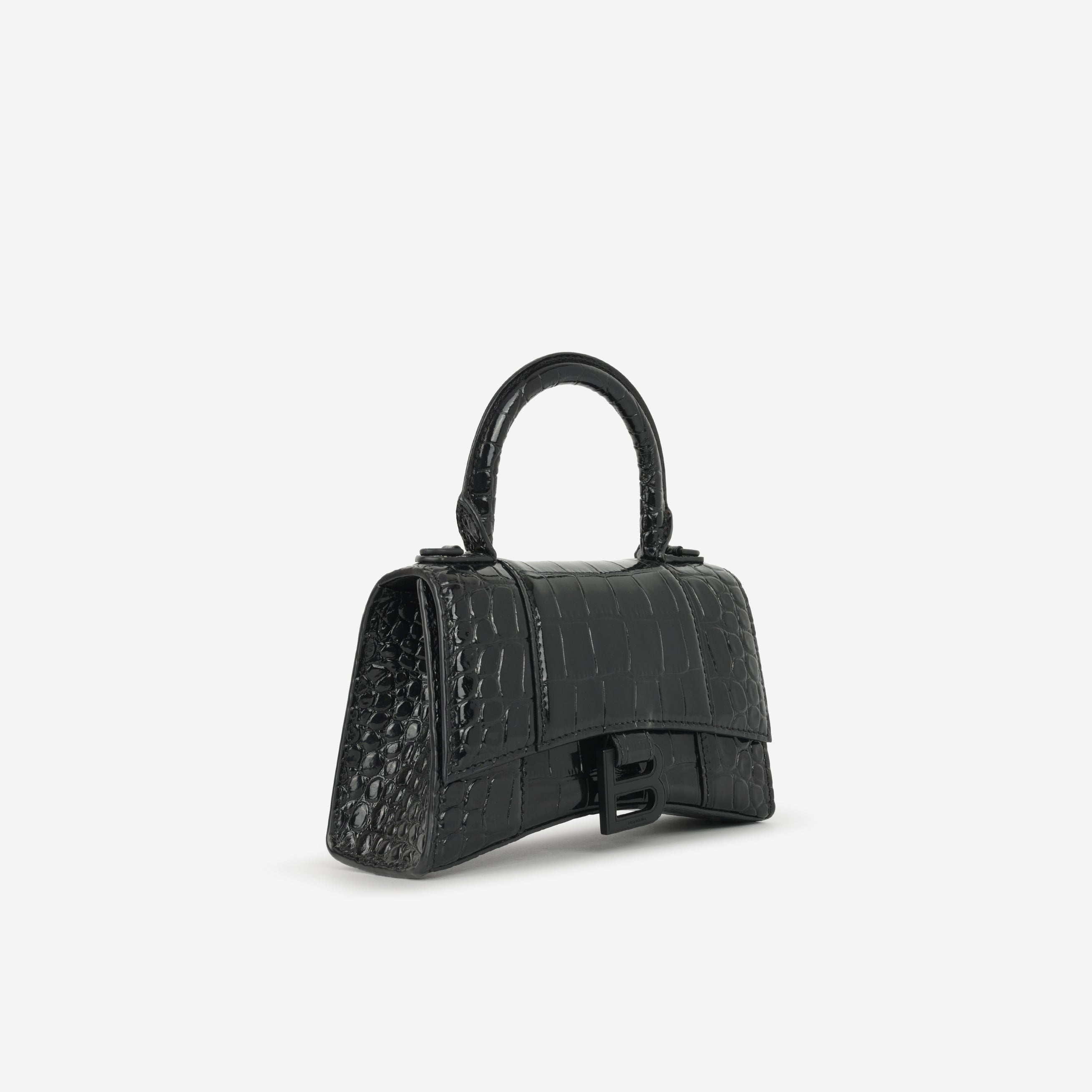 Balenciaga XS Hourglass - Black Croc Embossed Calfskin | Black