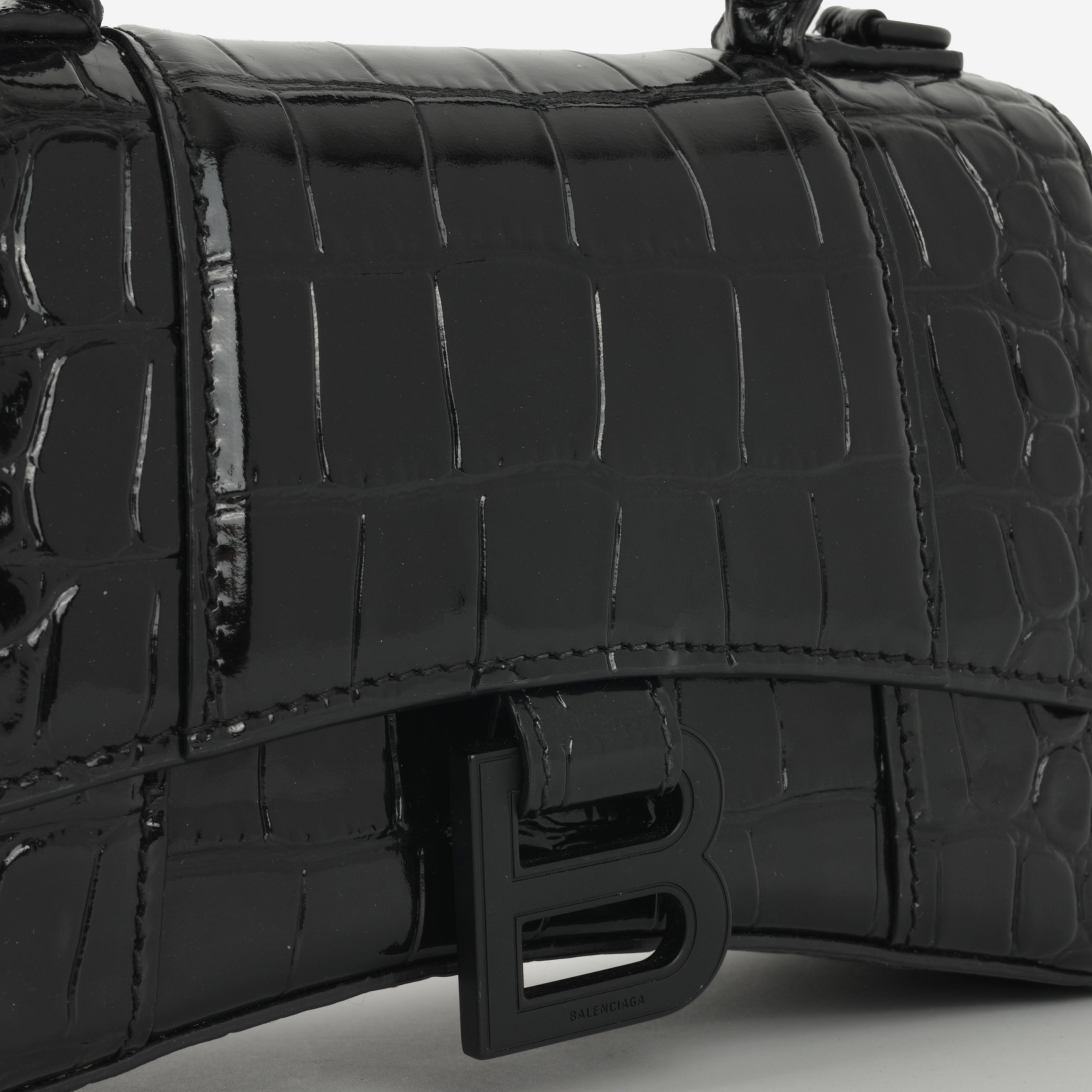 Balenciaga XS Hourglass - Black Croc Embossed Calfskin | Black