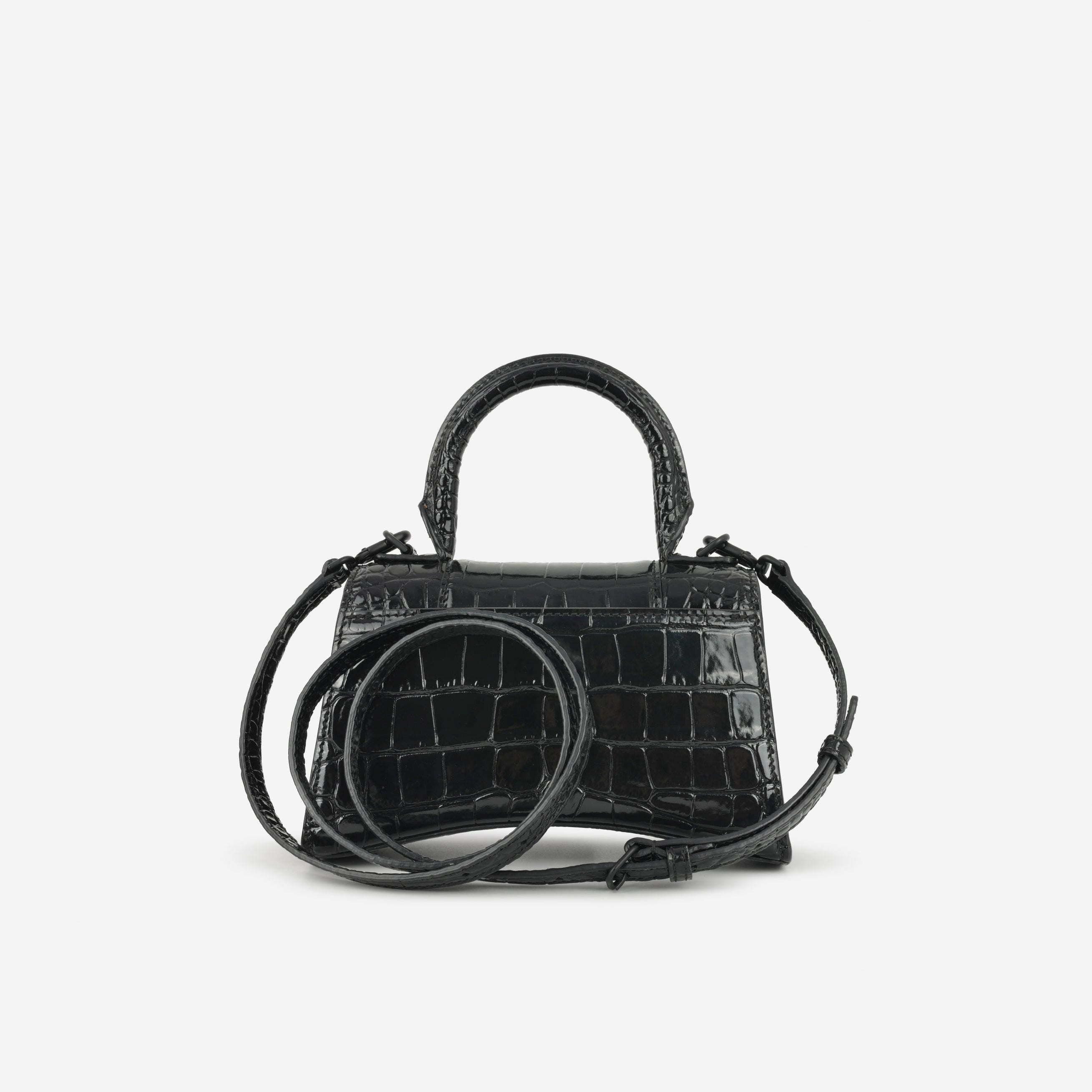 Balenciaga XS Hourglass - Black Croc Embossed Calfskin | Black