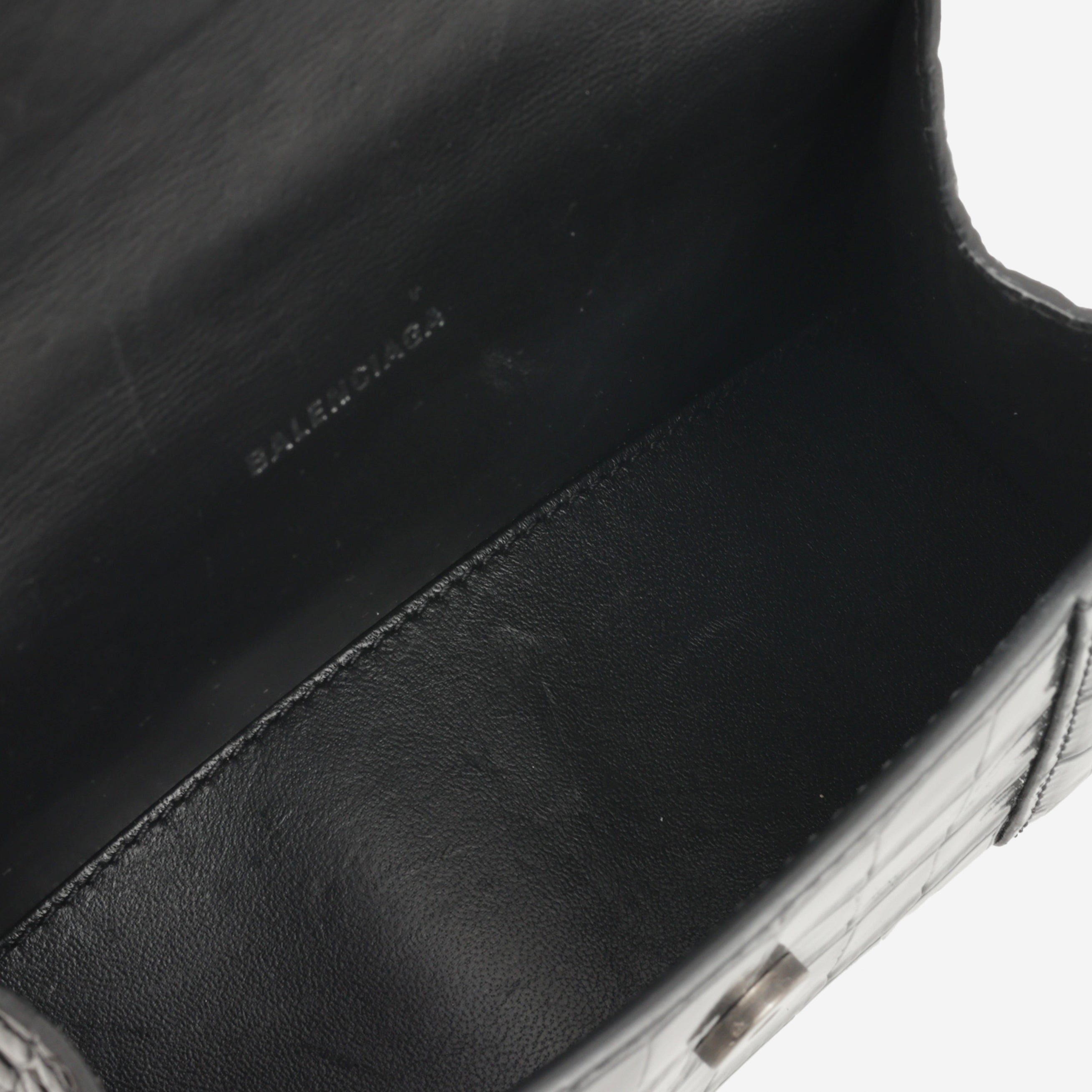 Balenciaga XS Hourglass - Black Croc Embossed Calfskin | Black