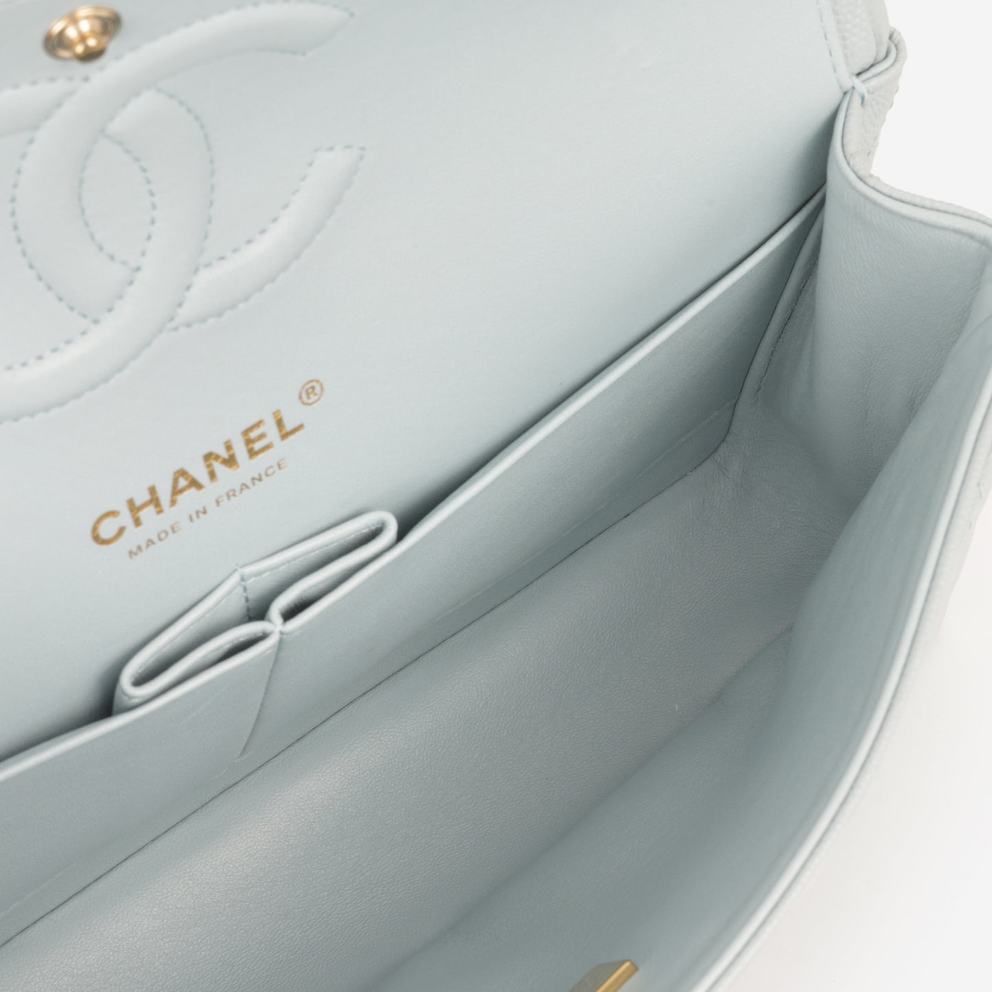 Chanel Medium Classic Flap - Light Blue Caviar | Champagne Gold Hardware