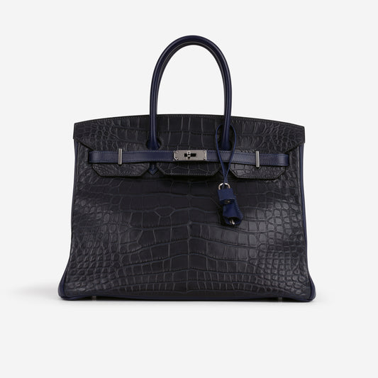 Hermès Limited Editiont Birkin 35 Tri-Leather - Bleu Indigo / Bleu Saphir Box / Clemence / Alligator | Palladium Hardware - Bagista