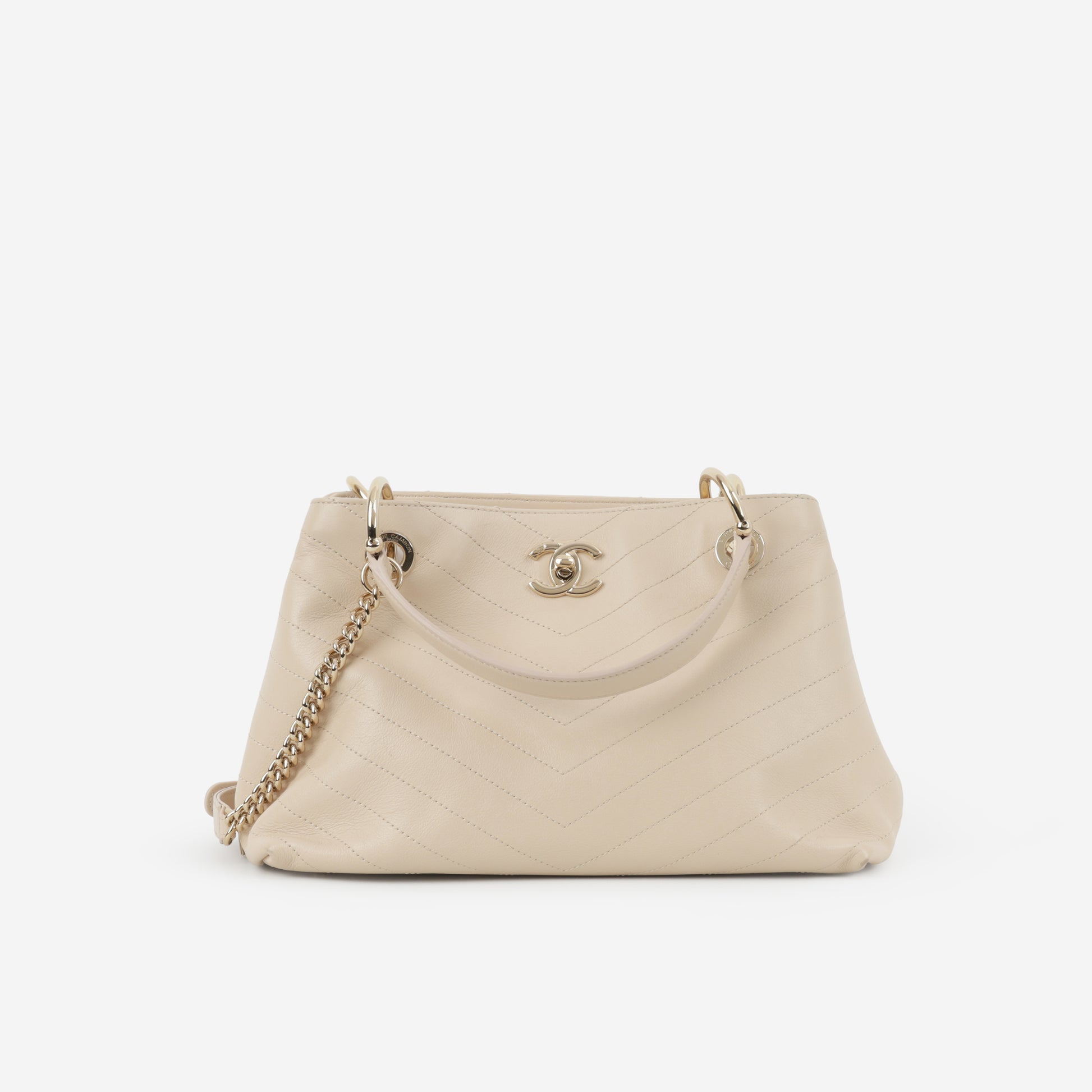 Chanel Small Chic Shopping Tote - Beige Chevron Calfskin | Champagne Gold Hardware - Bagista
