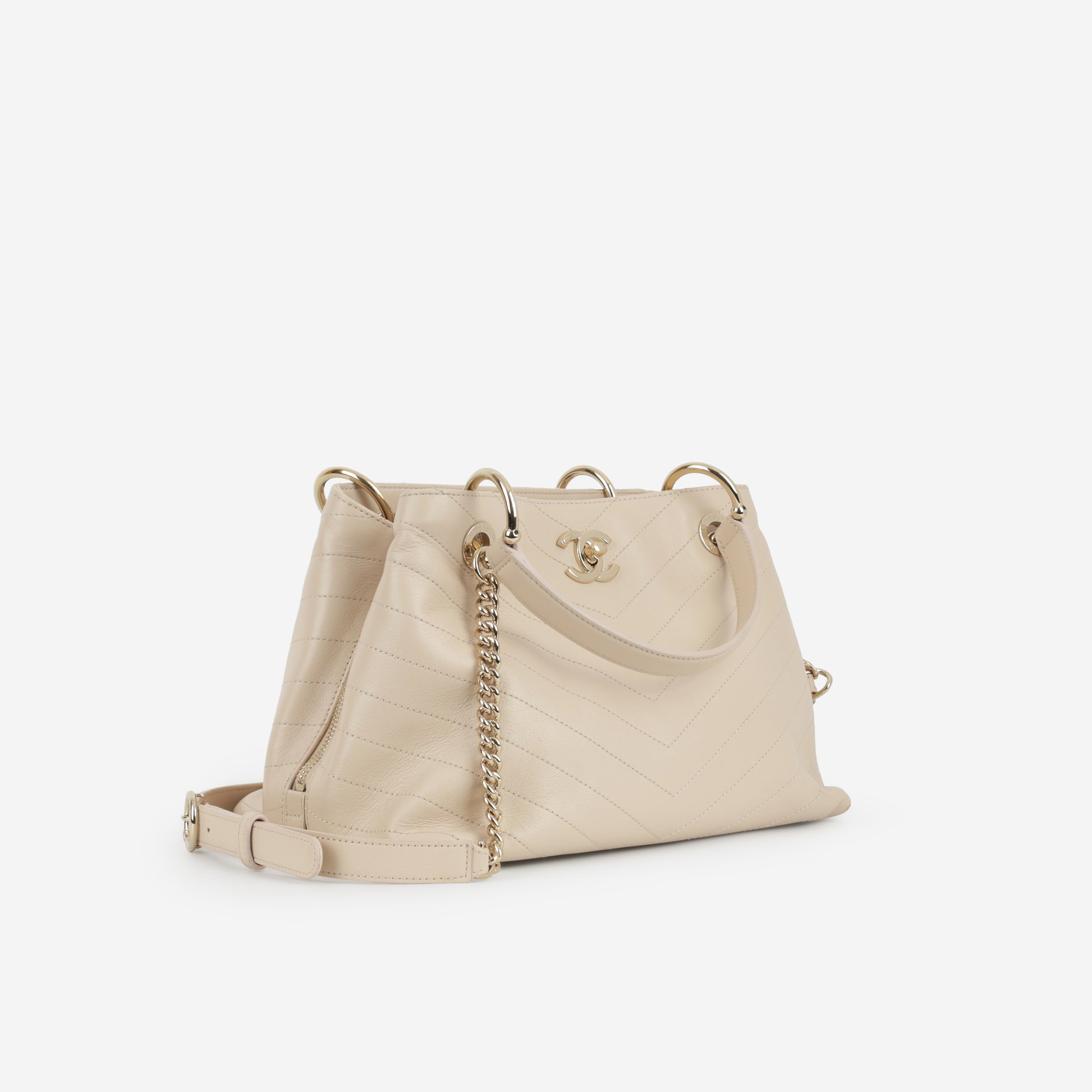 Chanel Small Chic Shopping Tote - Beige Chevron Calfskin | Champagne Gold Hardware - Bagista