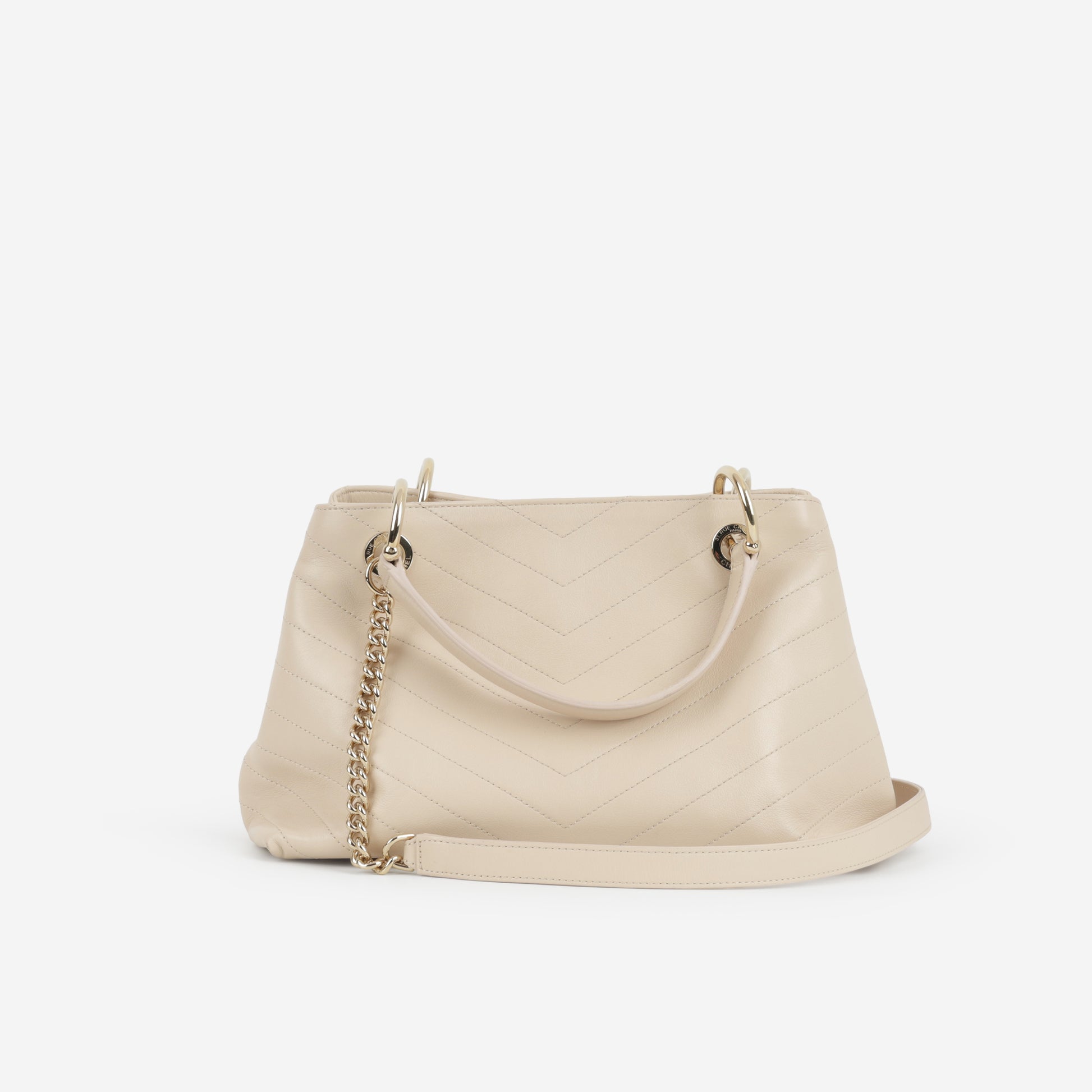 Chanel Small Chic Shopping Tote - Beige Chevron Calfskin | Champagne Gold Hardware - Bagista