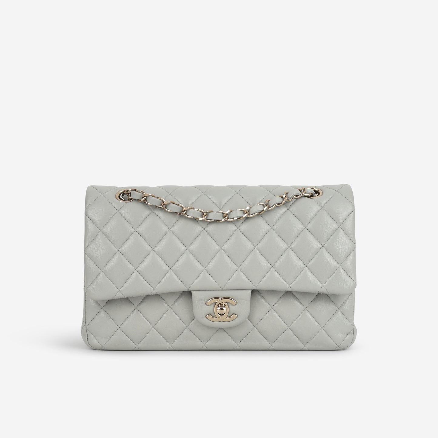Chanel Medium Classic Flap - Light Grey Lambskin | Champagne Gold Hardware - Bagista