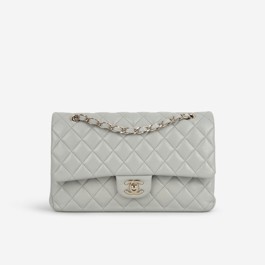 Chanel Medium Classic Flap - Light Grey Lambskin | Champagne Gold Hardware - Bagista