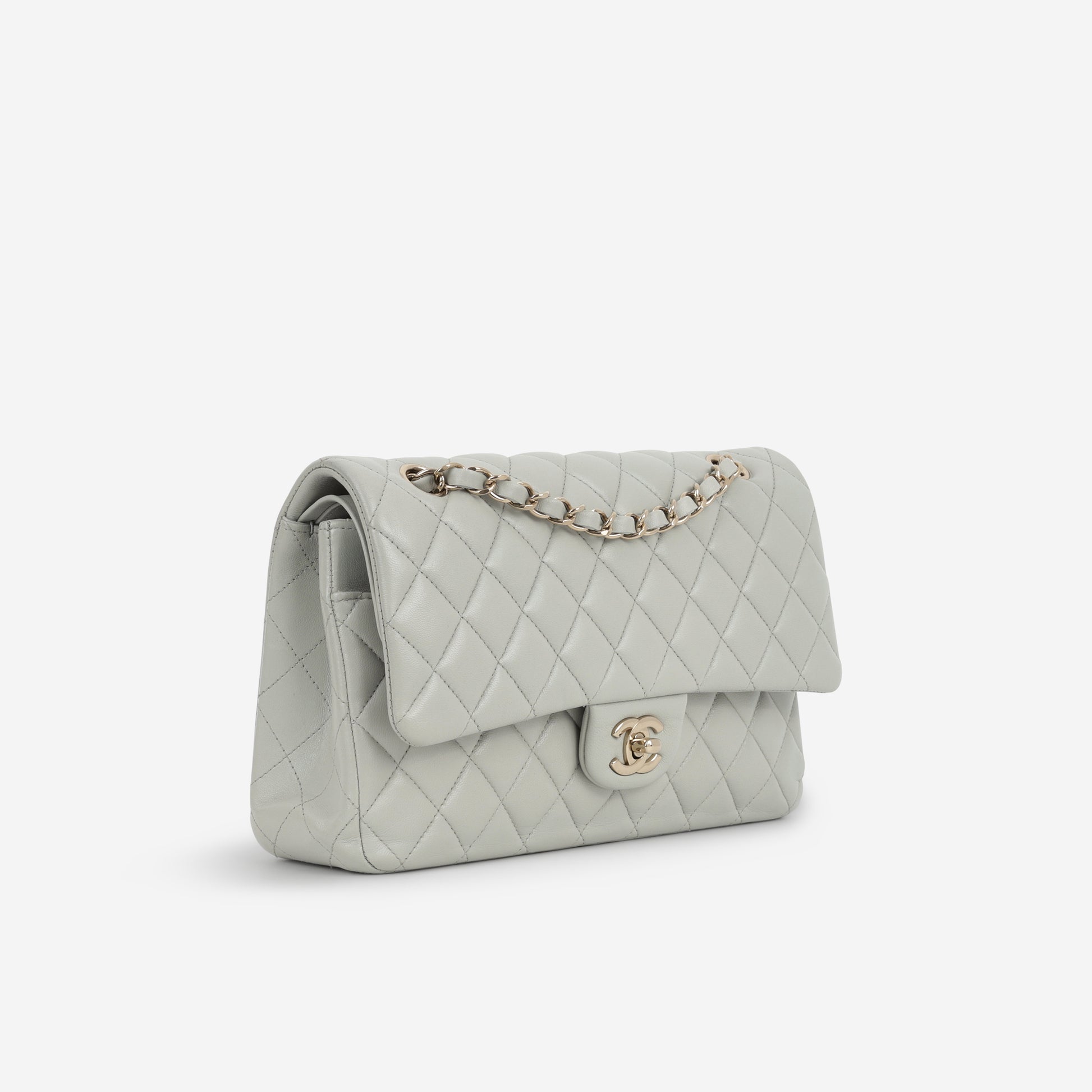 Chanel Medium Classic Flap - Light Grey Lambskin | Champagne Gold Hardware - Bagista