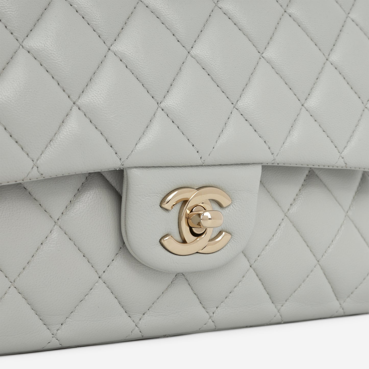 Chanel Medium Classic Flap - Light Grey Lambskin | Champagne Gold Hardware - Bagista
