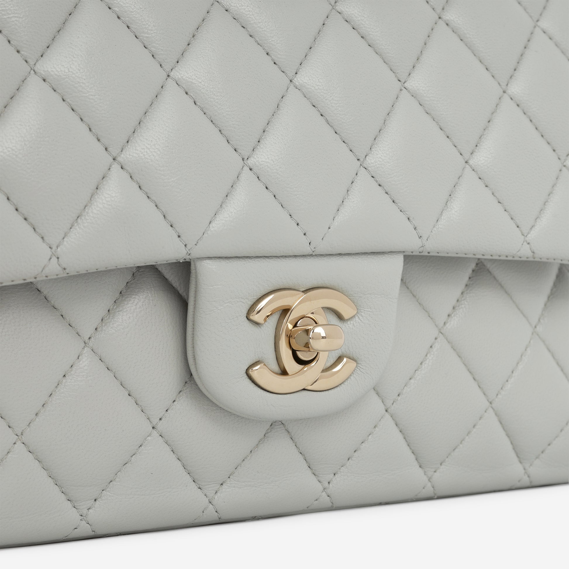 Chanel Medium Classic Flap - Light Grey Lambskin | Champagne Gold Hardware - Bagista
