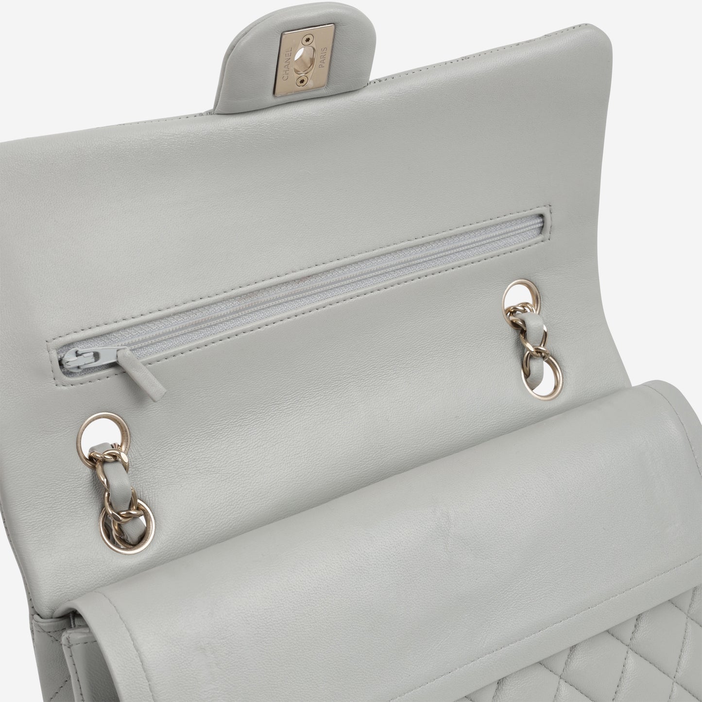 Chanel Medium Classic Flap - Light Grey Lambskin | Champagne Gold Hardware - Bagista