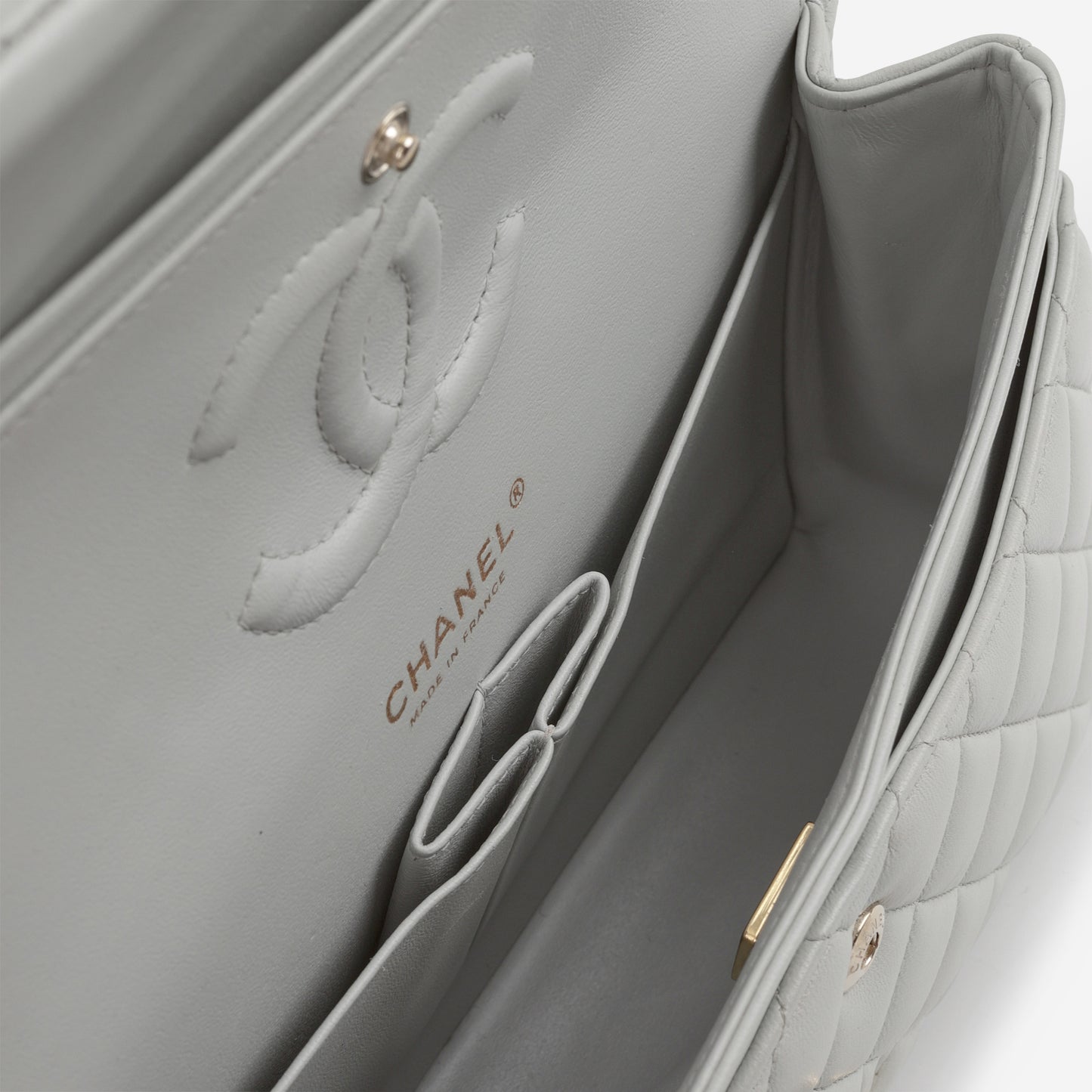 Chanel Medium Classic Flap - Light Grey Lambskin | Champagne Gold Hardware - Bagista
