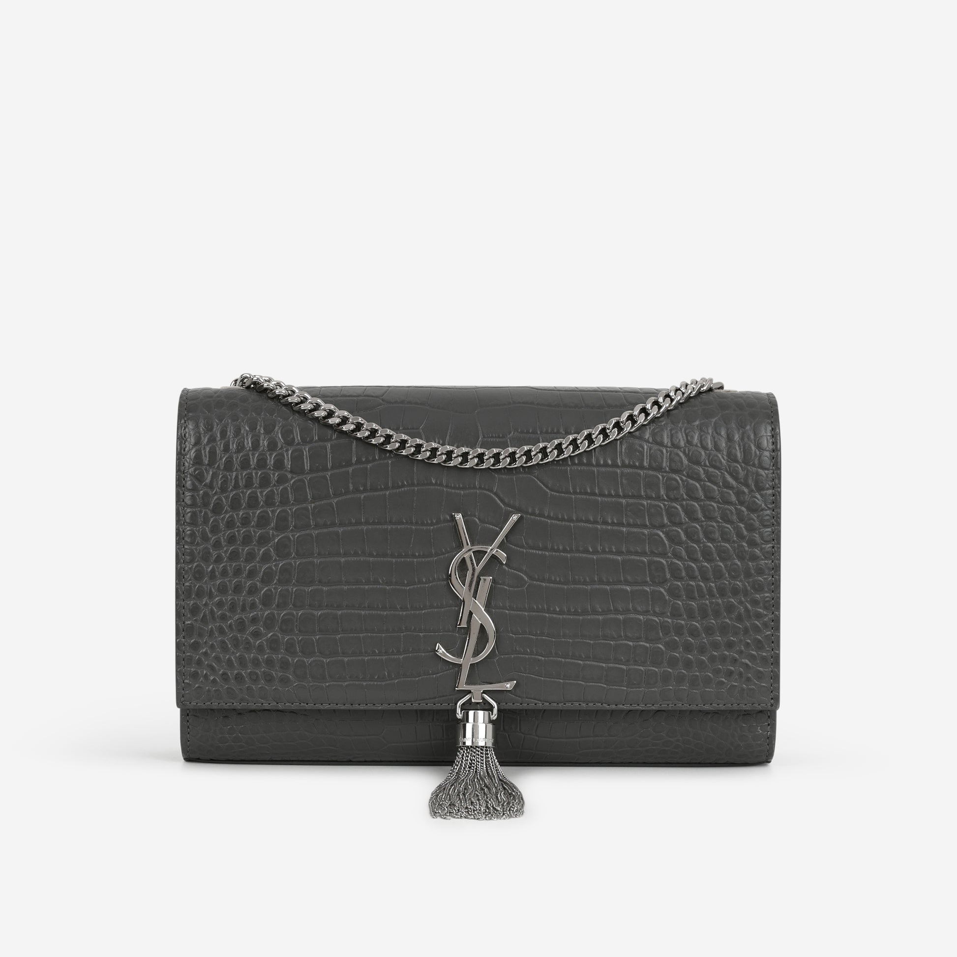 Saint Laurent Medium Kate Tassel Bag - Grey Croc Embossed | Silver Hardware - Bagista
