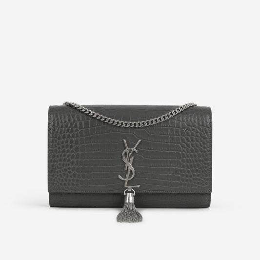 Saint Laurent Medium Kate Tassel Bag - Grey Croc Embossed | Silver Hardware - Bagista