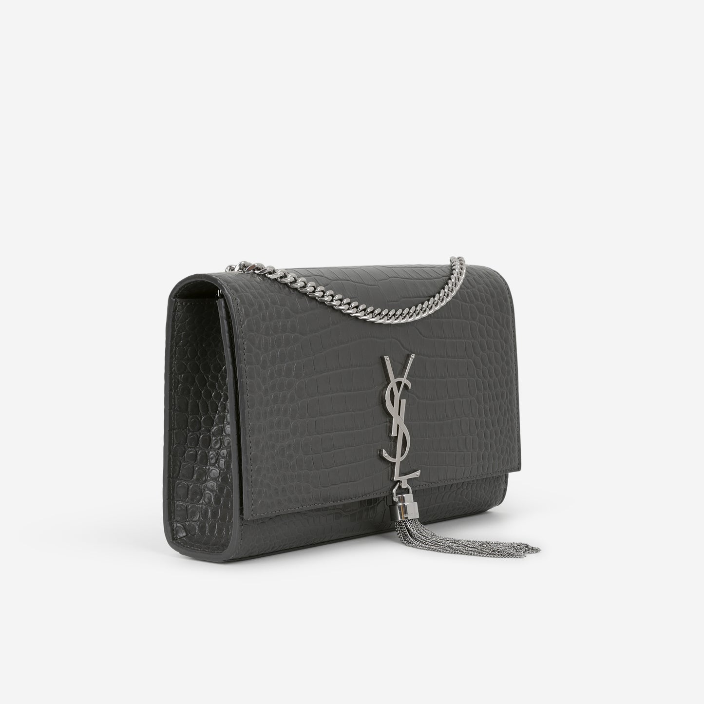 Saint Laurent Medium Kate Tassel Bag - Grey Croc Embossed | Silver Hardware - Bagista