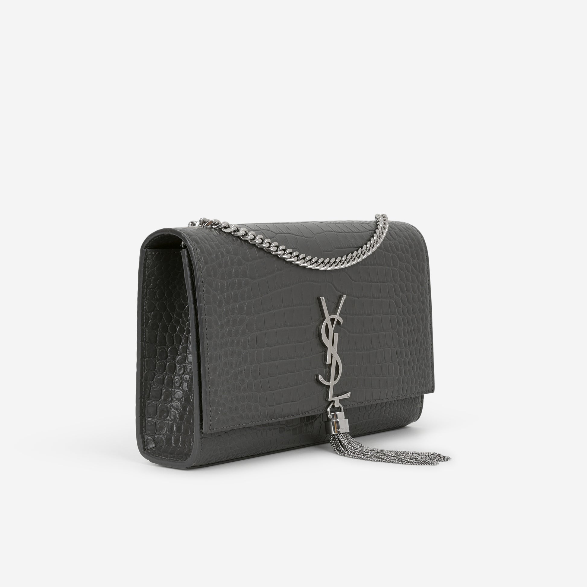 Saint Laurent Medium Kate Tassel Bag - Grey Croc Embossed | Silver Hardware - Bagista