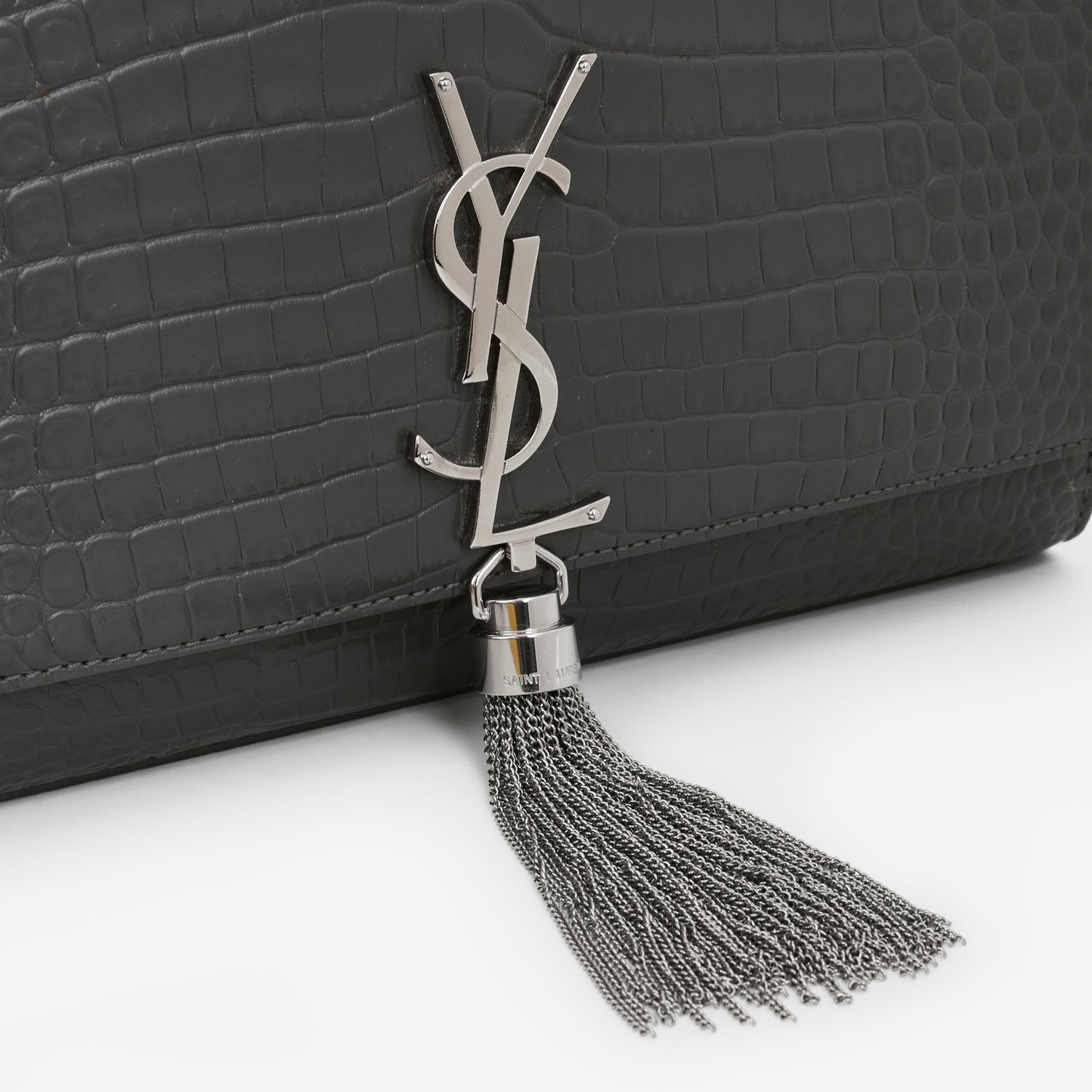 Saint Laurent Medium Kate Tassel Bag - Grey Croc Embossed | Silver Hardware - Bagista