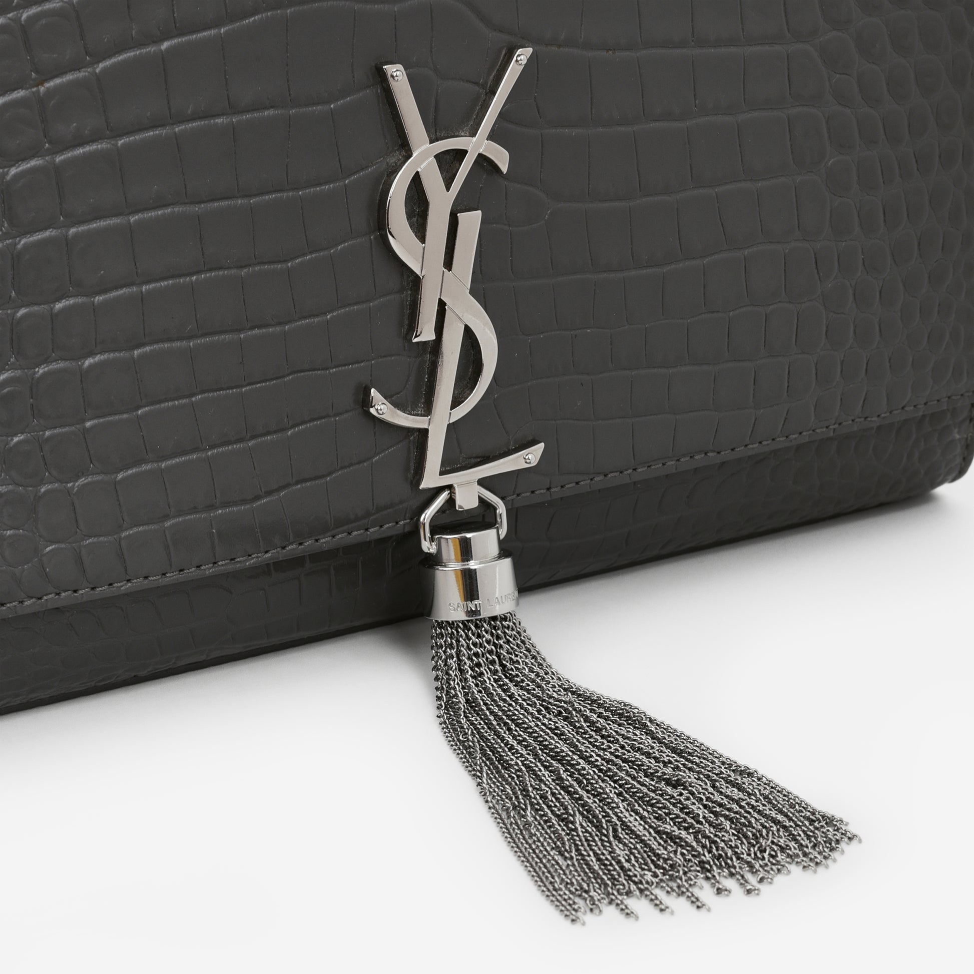 Saint Laurent Medium Kate Tassel Bag - Grey Croc Embossed | Silver Hardware - Bagista