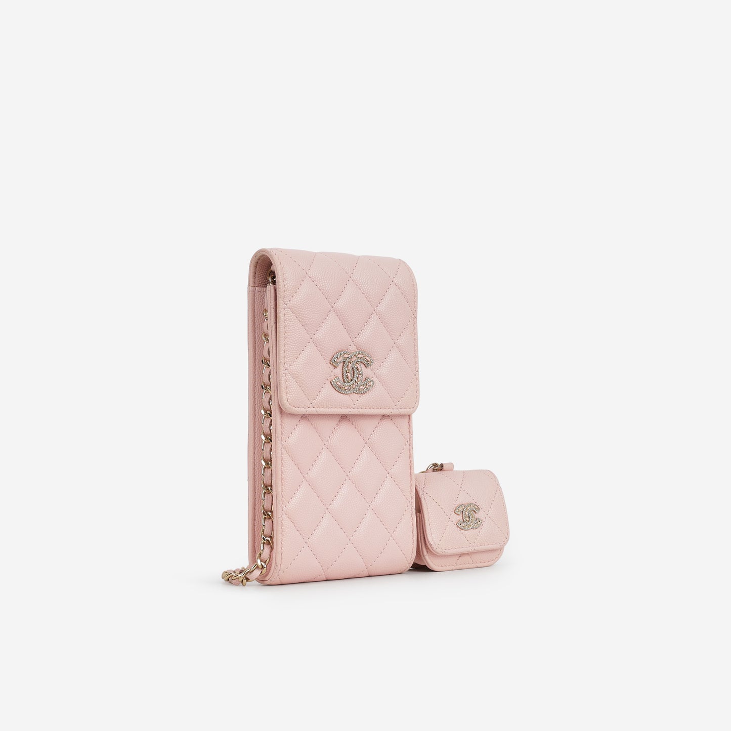 Chanel Phone Holder & Airpod Case - Pale Pink Caviar | Champagne Gold Hardware