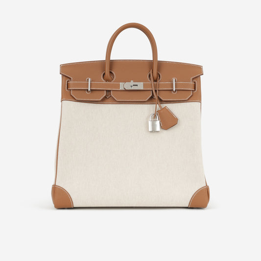 Hermès HAC 40 - Gold Evercolor / Ecru-Beige Toile | Palladium Hardware