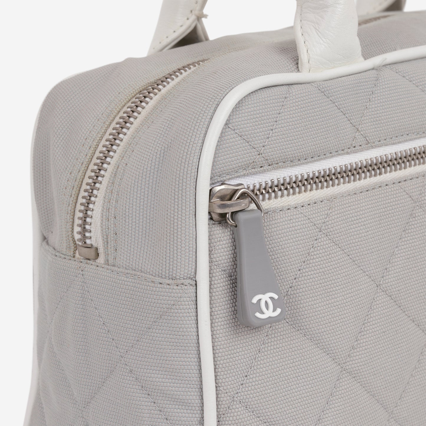 Chanel Vintage Mini Boston Bowling Bag - Grey Canvas | Silver Hardware