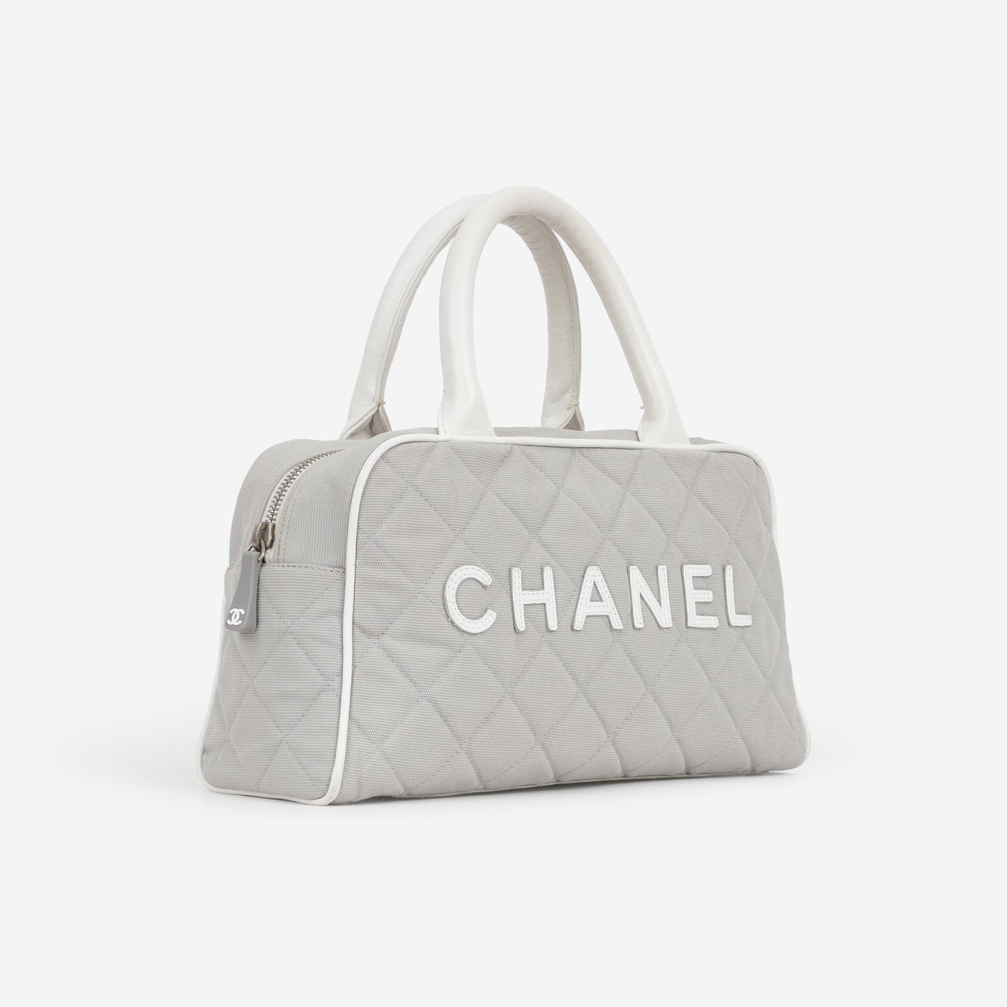 Chanel Vintage Mini Boston Bowling Bag - Grey Canvas | Silver Hardware
